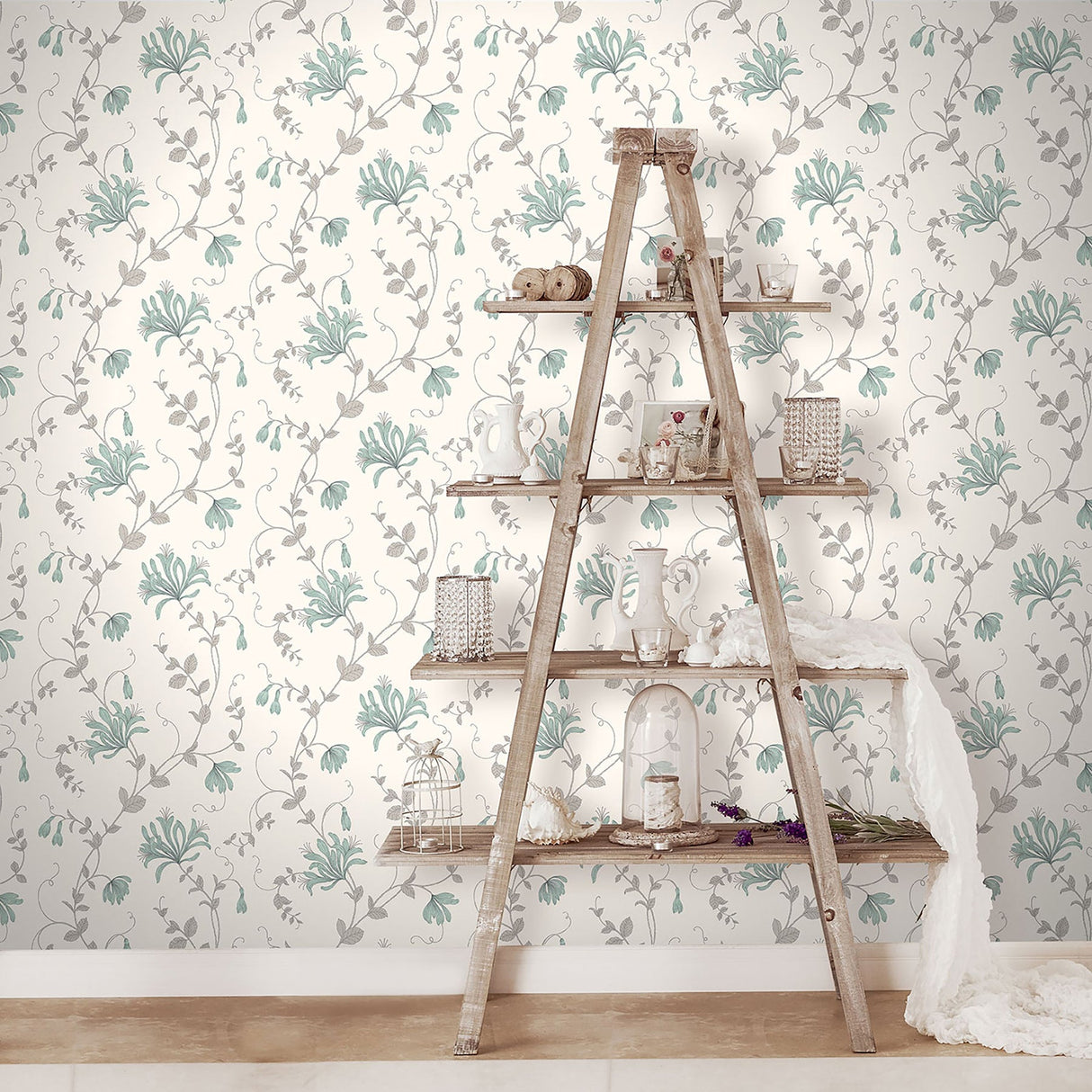 Crown M1305 Barbara Turquoise Floral Trail Wallpaper