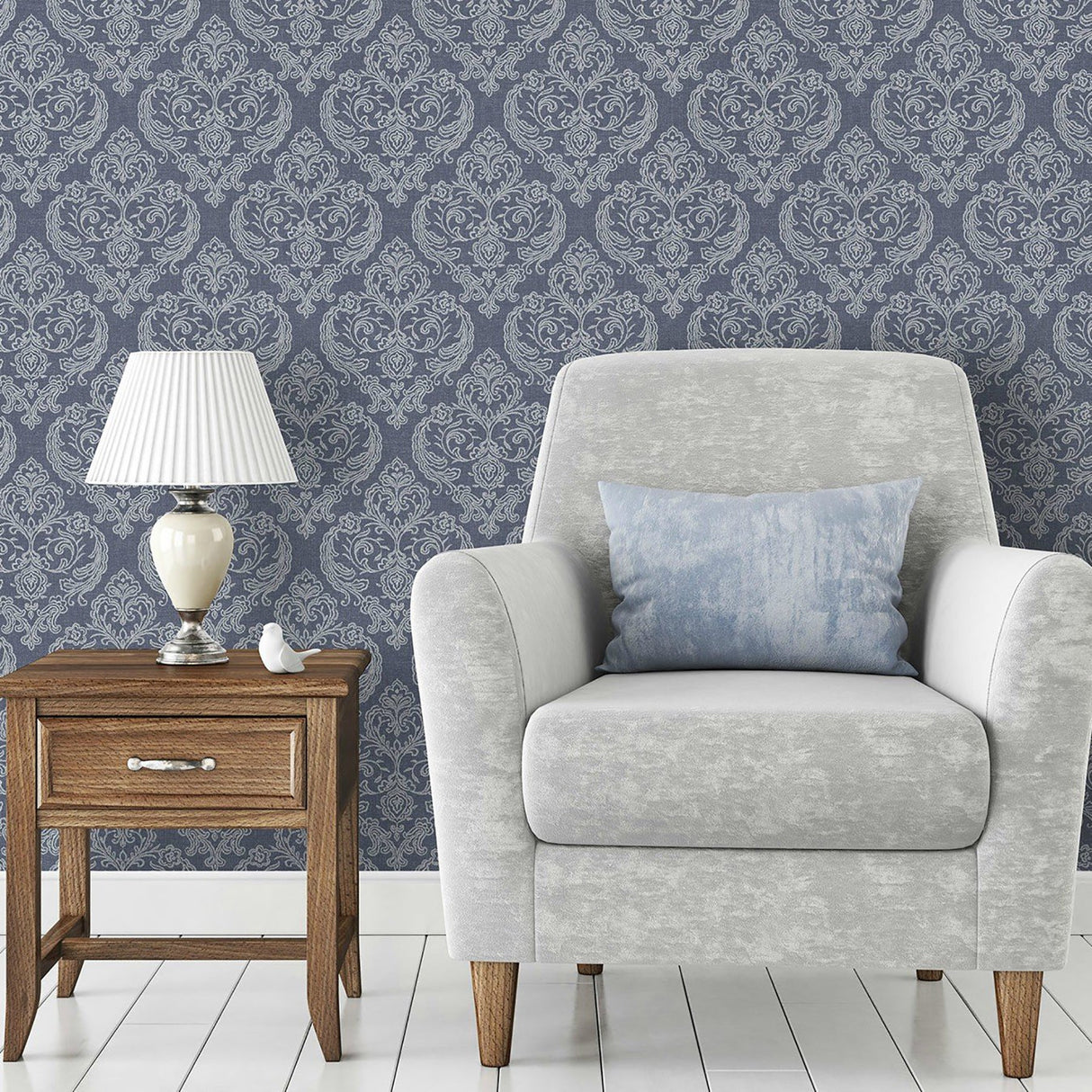 Crown  M1307 Ida Blue Damask Wallpaper
