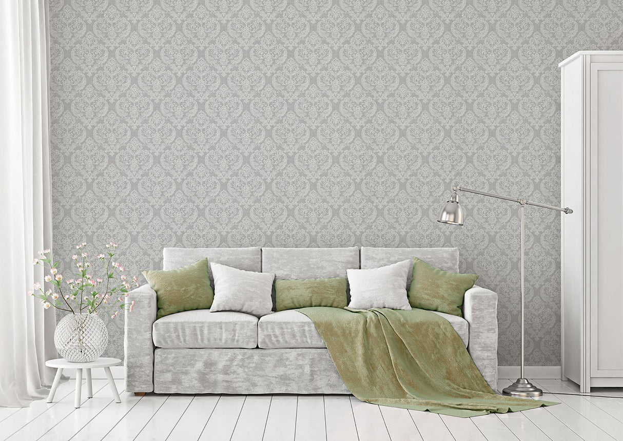 Crown  M1309 Ida Light Grey Damask Wallpaper