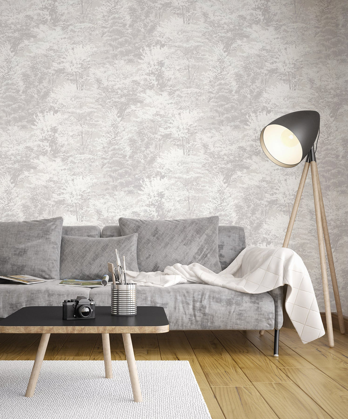 Crown  M1336 Camphor Light Grey Trees Wallpaper