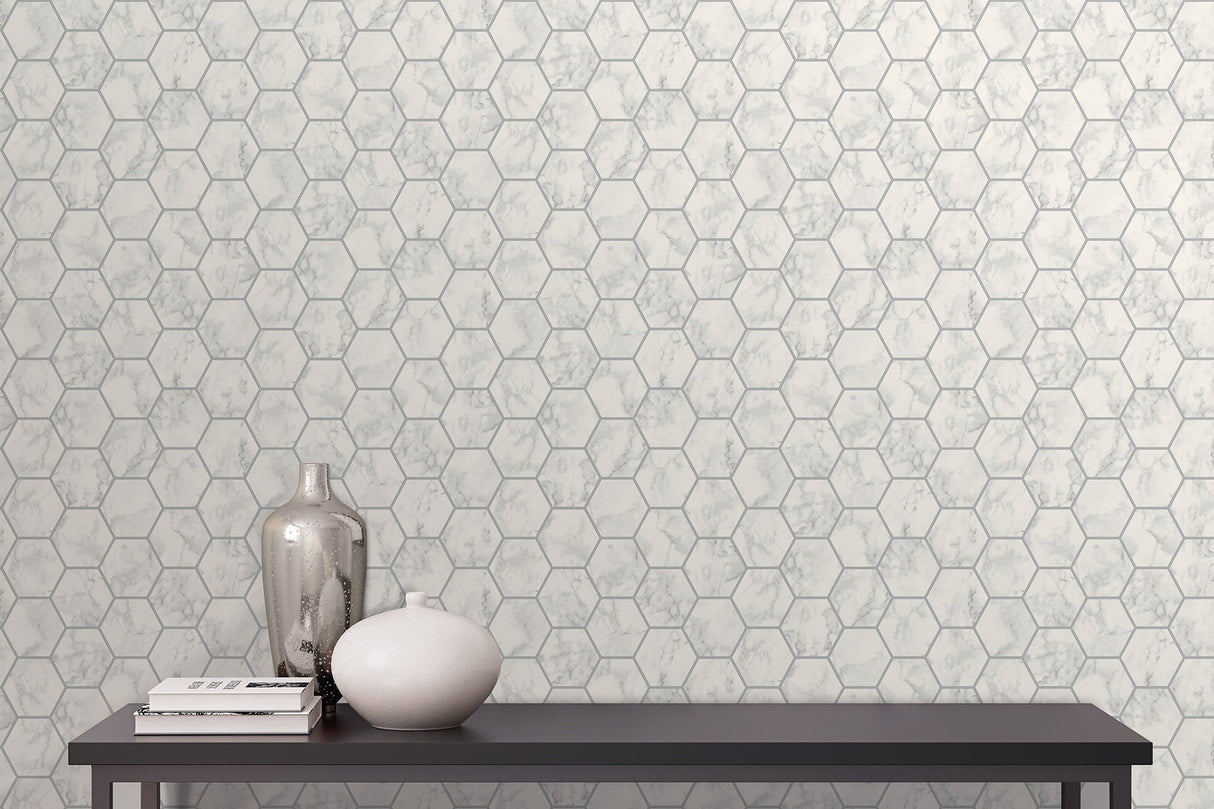 Crown M1505 Margaret Off-White Marble Hexagon Wallpaper