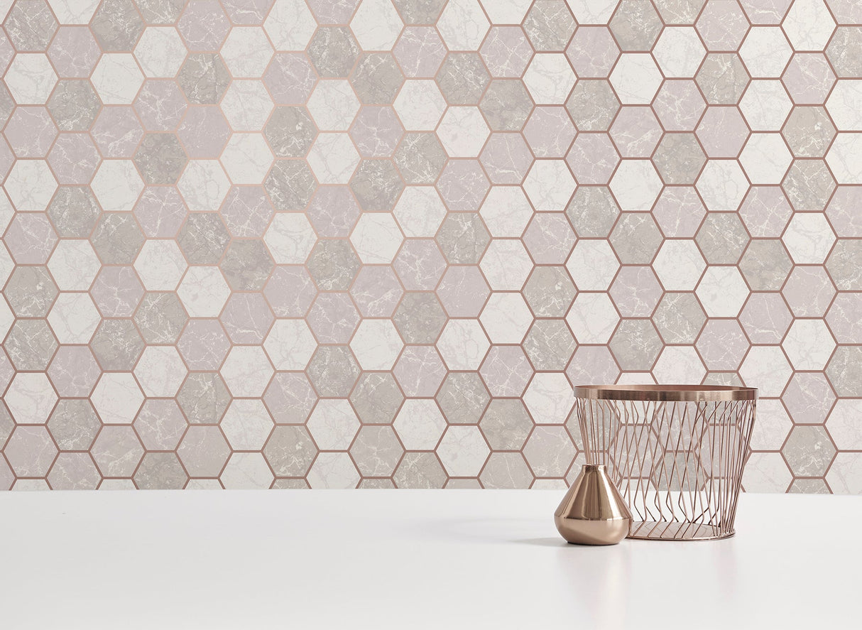 Crown M1507 Margaret Rose Gold Marble Hexagon Wallpaper