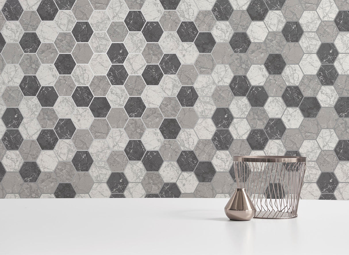Crown M1508 Margaret Charcoal Marble Hexagon Wallpaper