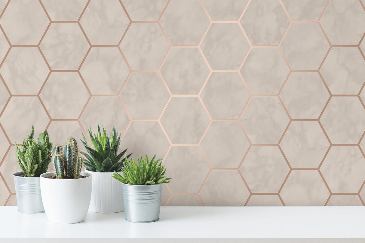 Crown M1512 Margaret Beige Marble Hexagon Wallpaper