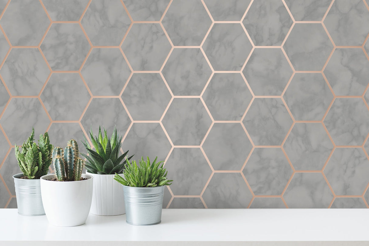 Crown M1513 Margaret Grey Marble Hexagon Wallpaper