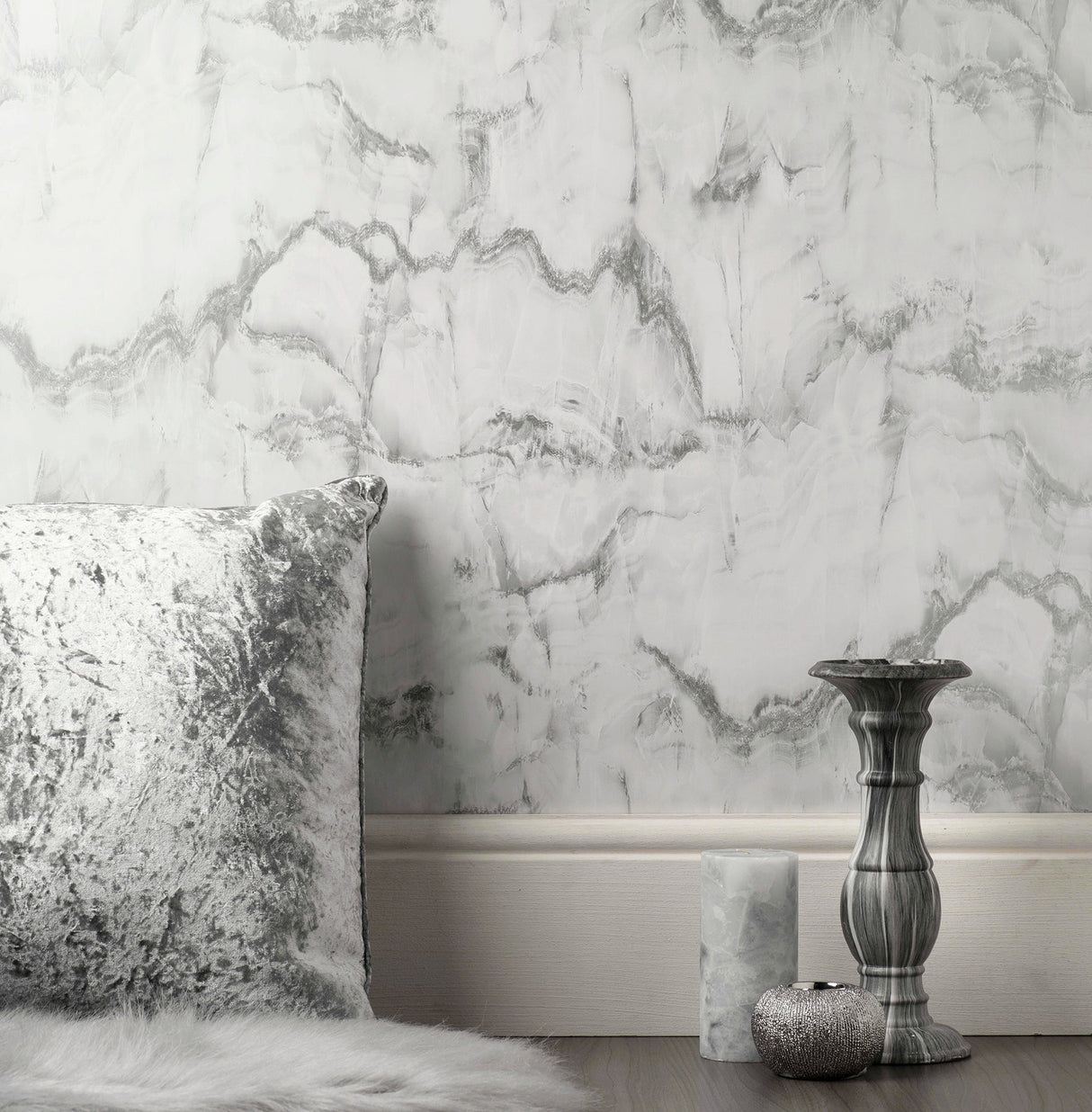 Fine Decor M1584 Aura Silver Marble Wallpaper