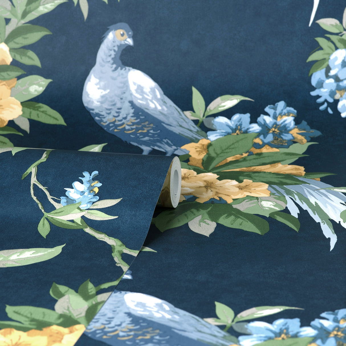 Brewster M1661 Golden Pheasant Dark Blue Floral Wallpaper