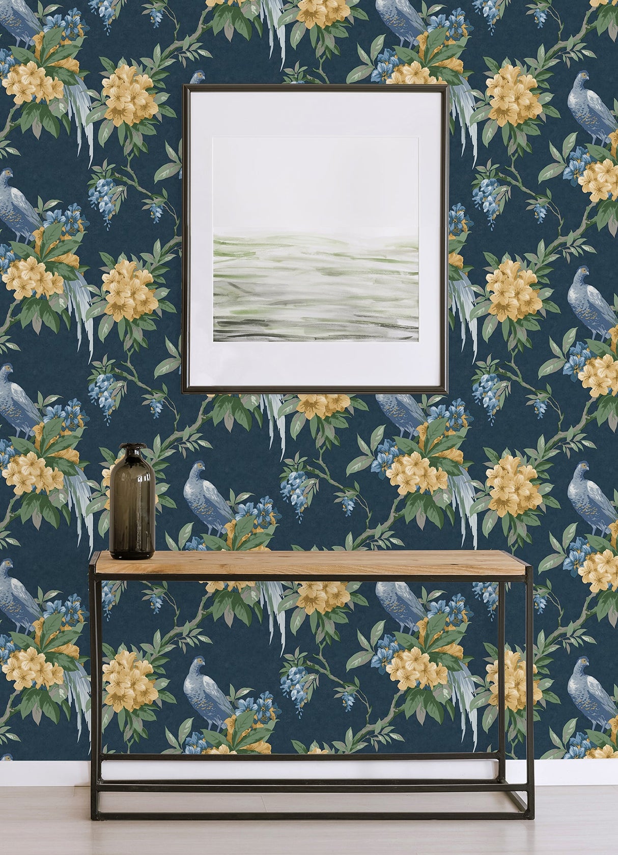 Brewster M1661 Golden Pheasant Dark Blue Floral Wallpaper