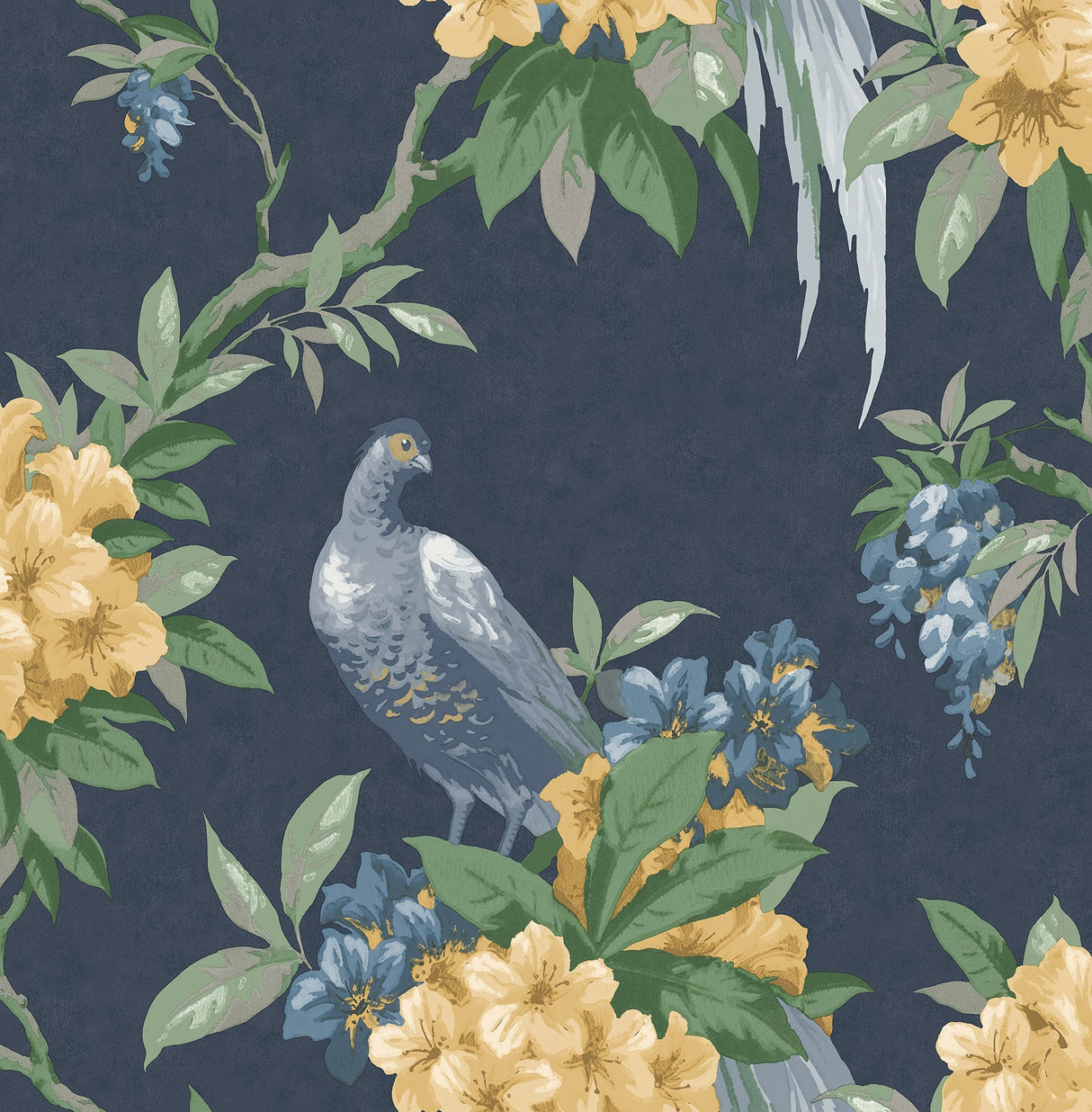 Brewster M1661 Golden Pheasant Dark Blue Floral Wallpaper