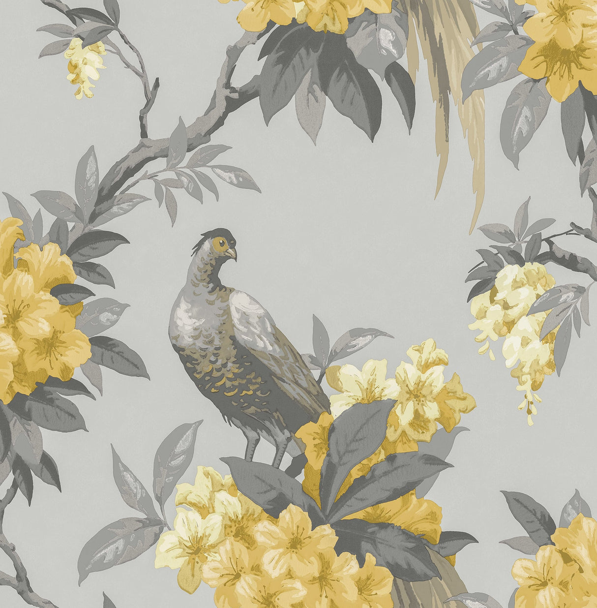 Brewster M1662 Golden Pheasant Grey Floral Wallpaper
