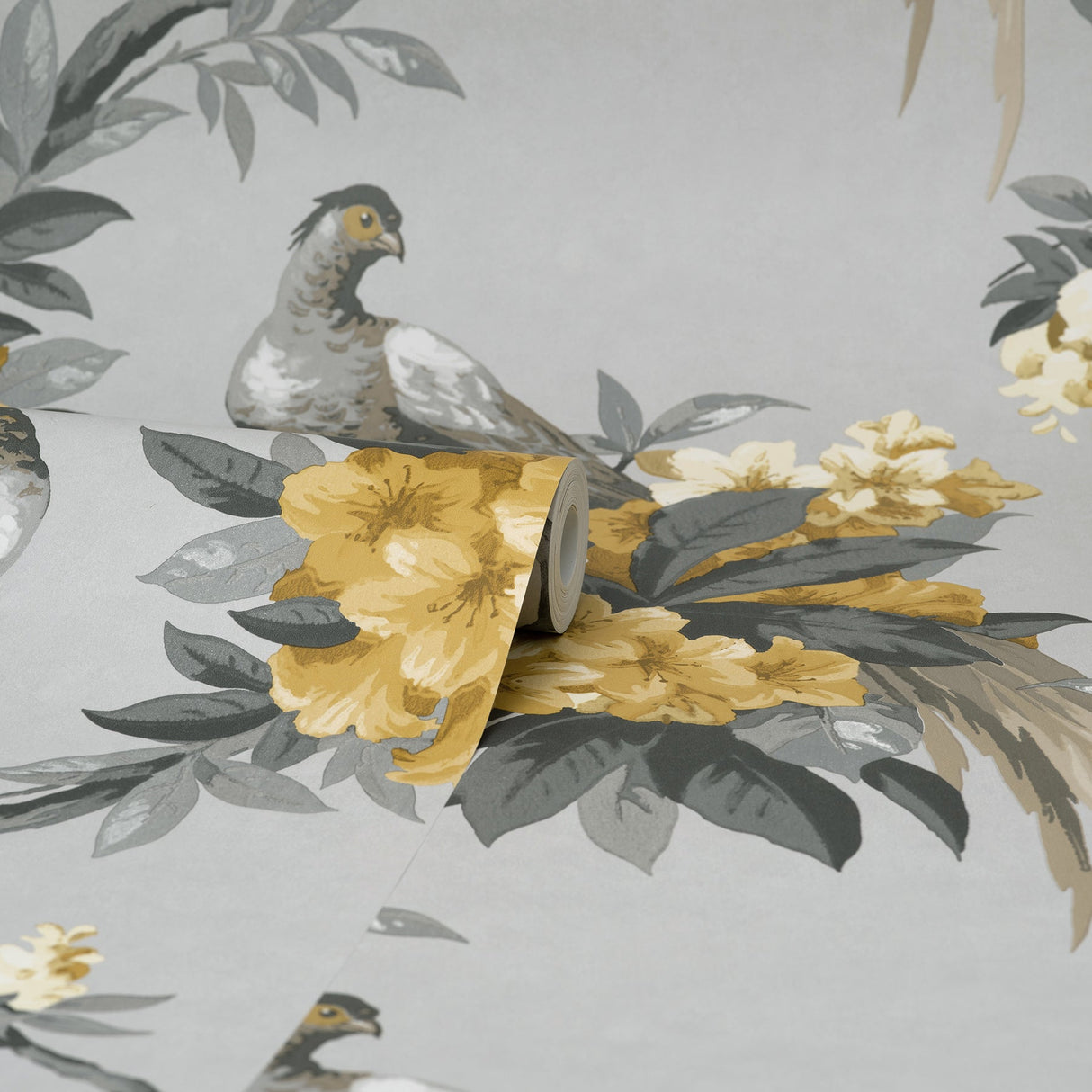 Brewster M1662 Golden Pheasant Grey Floral Wallpaper