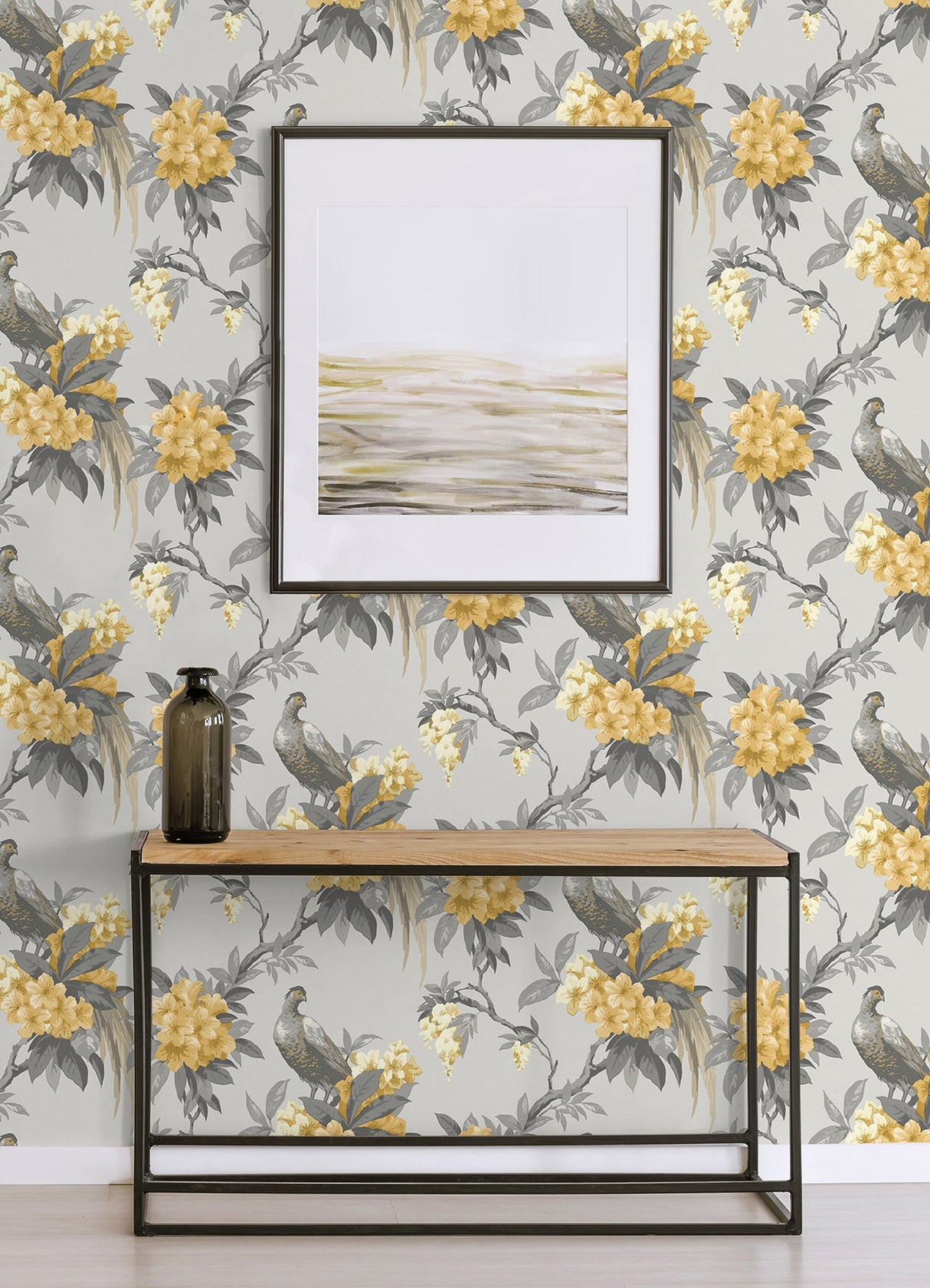 Brewster M1662 Golden Pheasant Grey Floral Wallpaper