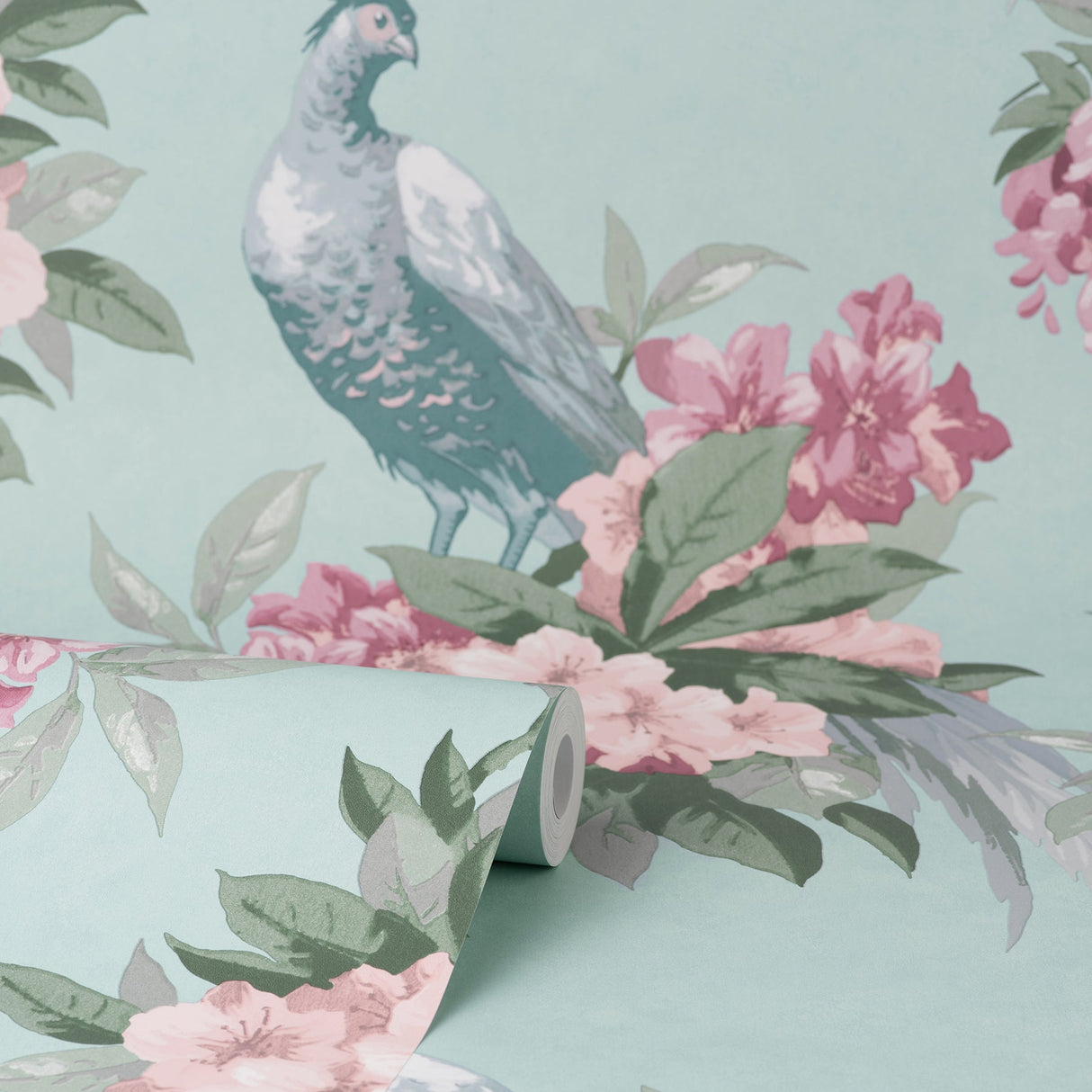 Brewster M1663 Golden Pheasant Aqua Floral Wallpaper