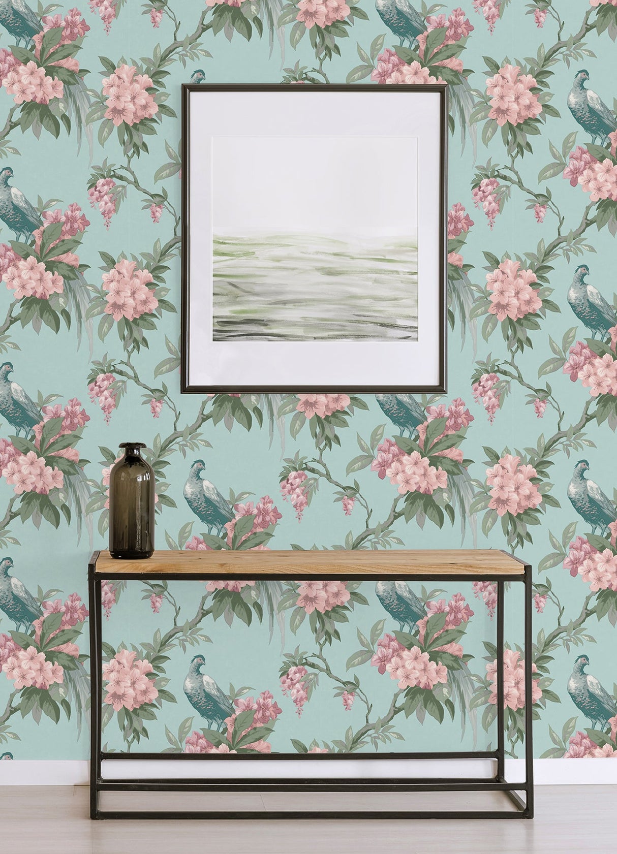 Brewster M1663 Golden Pheasant Aqua Floral Wallpaper