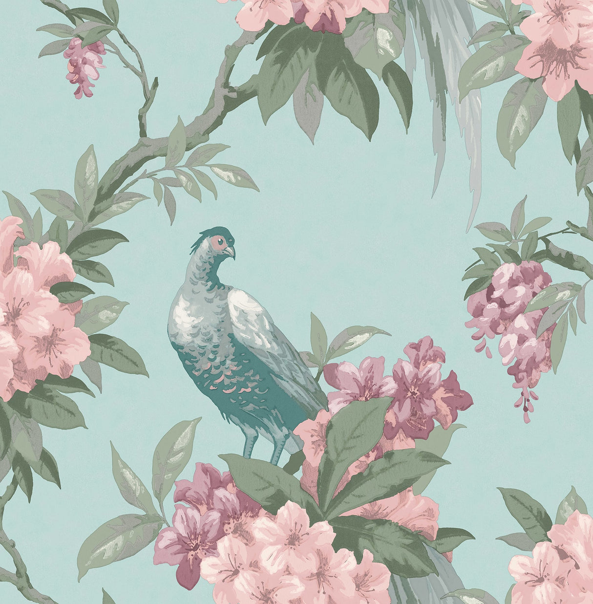 Brewster M1663 Golden Pheasant Aqua Floral Wallpaper