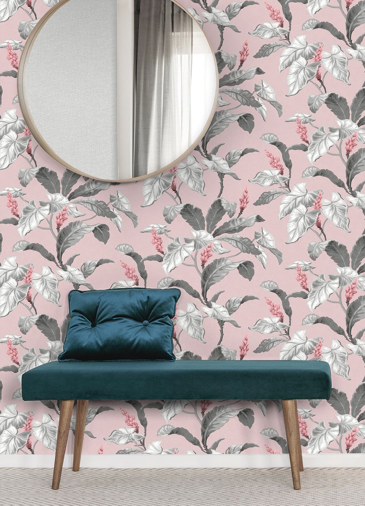 Brewster M1690 Meridian Parade Pink Tropical Leaves Wallpaper