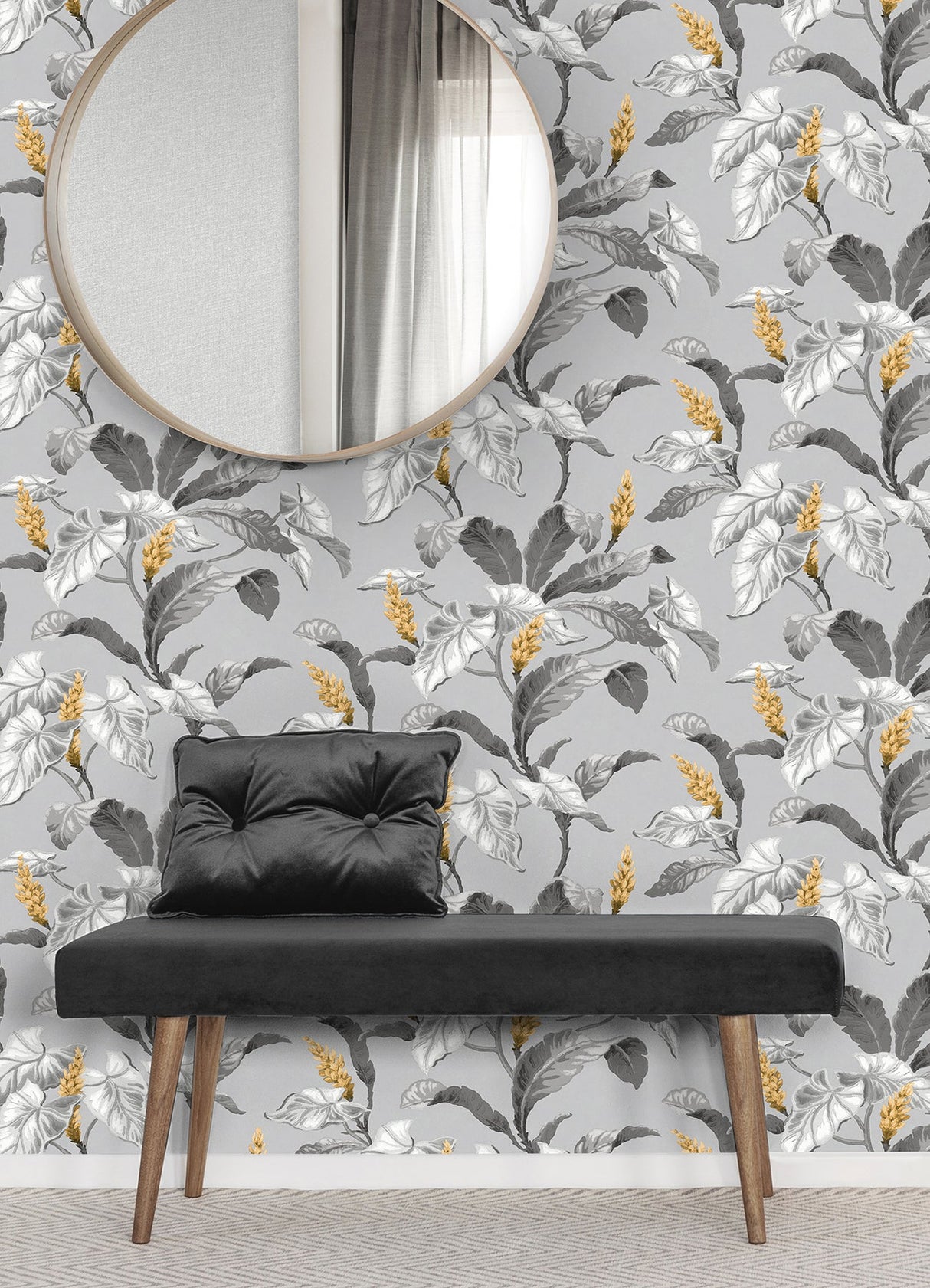 Brewster M1691 Meridian Parade Grey Tropical Leaves Wallpaper
