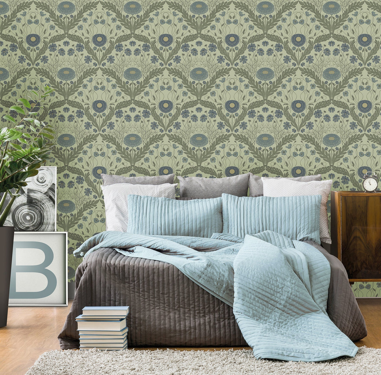 Midbec MD51001 Marguerite Green Damask Wallpaper