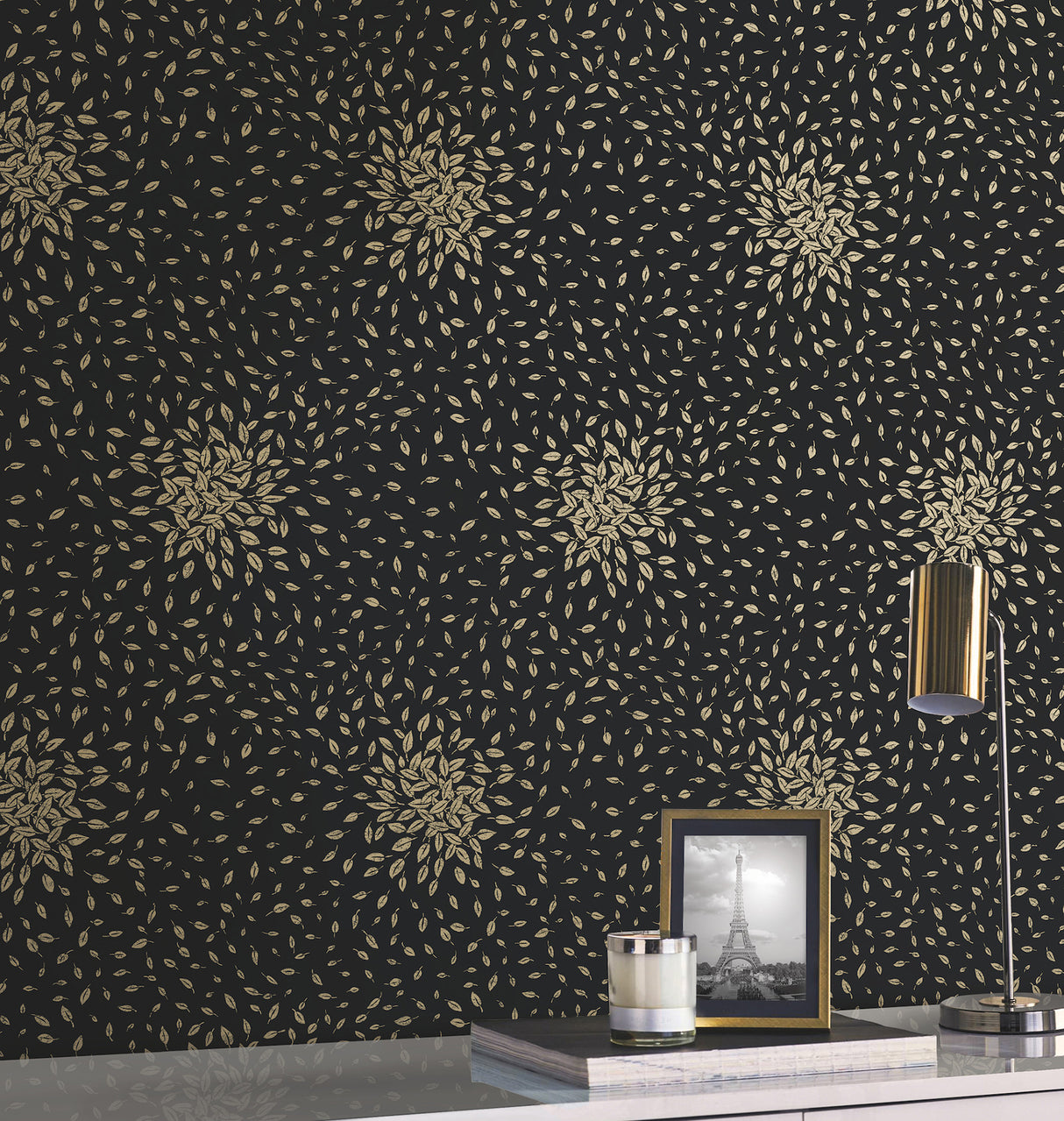 York MD7102 Petite Leaves Black & Gold Wallpaper