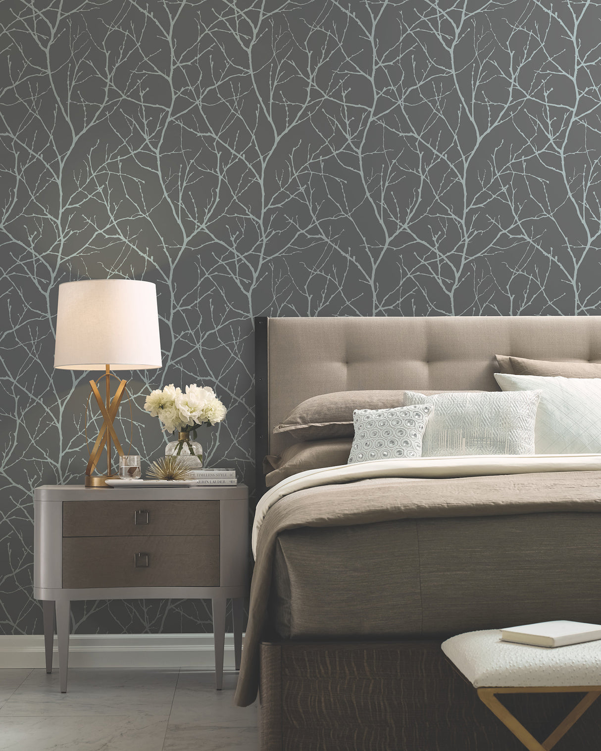 York MD7125 Trees Silhouette Charcoal & Silver Wallpaper