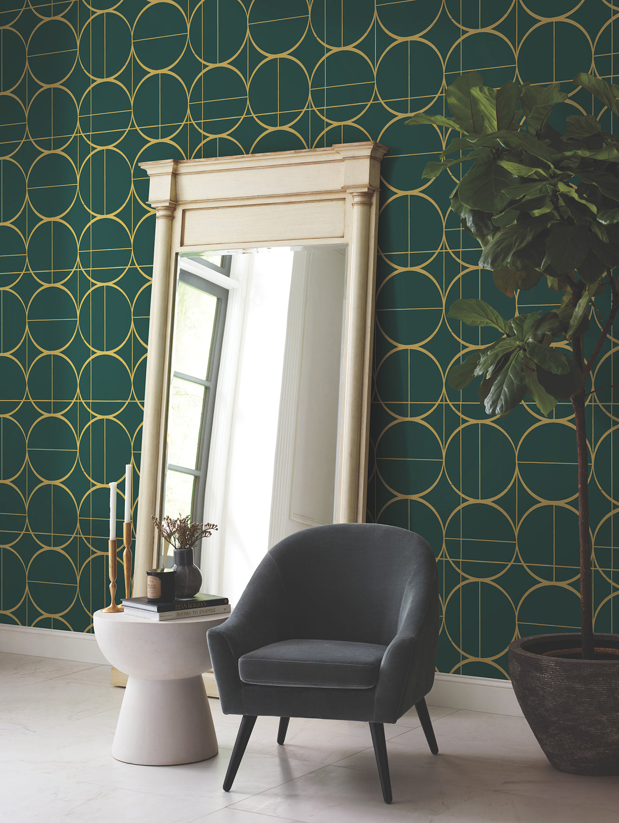 York MD7203 Sun Circles Emerald & Gold Wallpaper