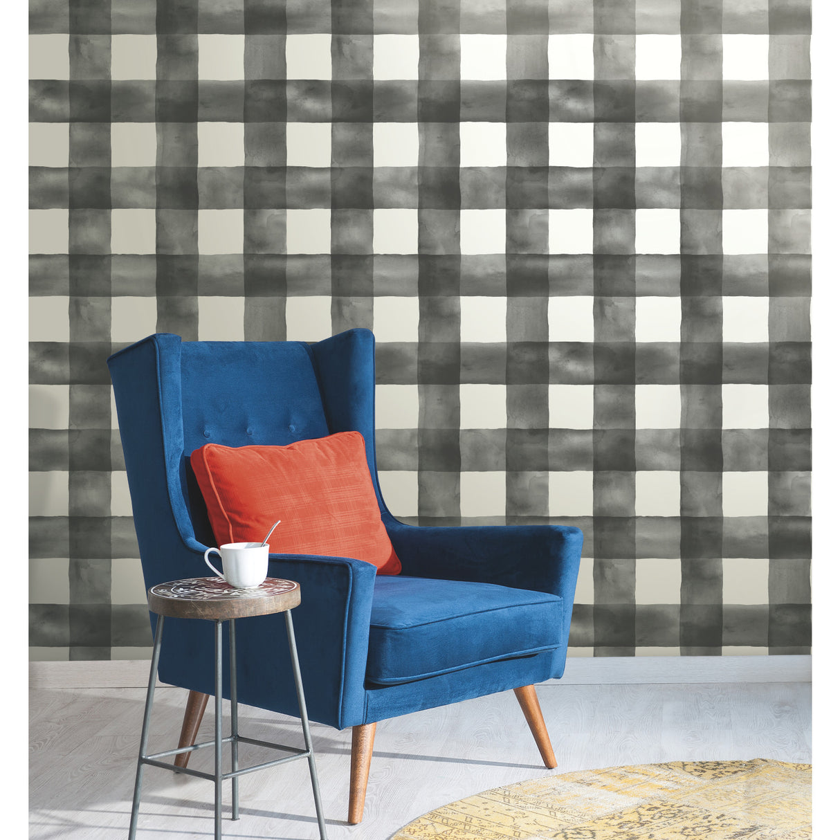York MH1516 Watercolor Check Black & White Wallpaper