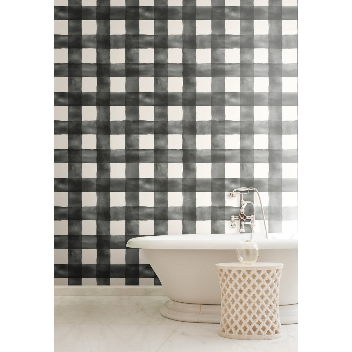 York MH1516 Watercolor Check Black & White Wallpaper