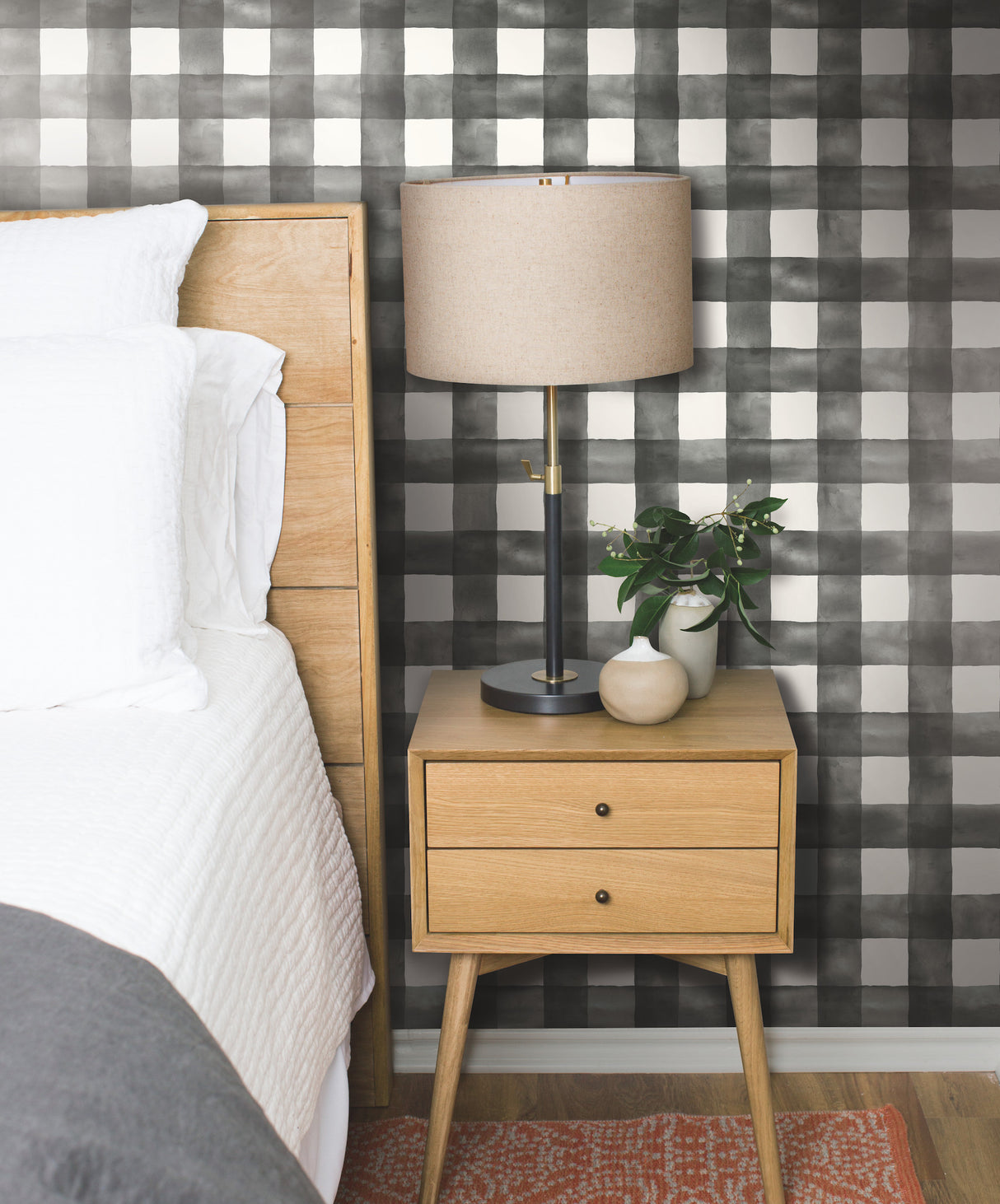 York MH1516 Watercolor Check Black & White Wallpaper