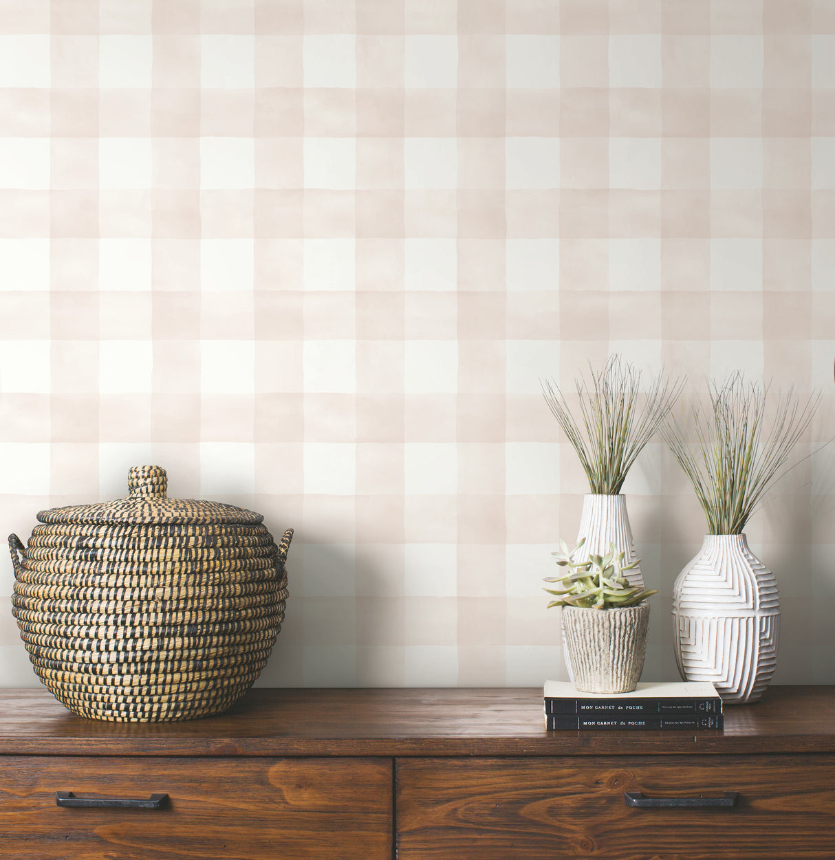 York MH1517 Watercolor Check Pink & White Wallpaper