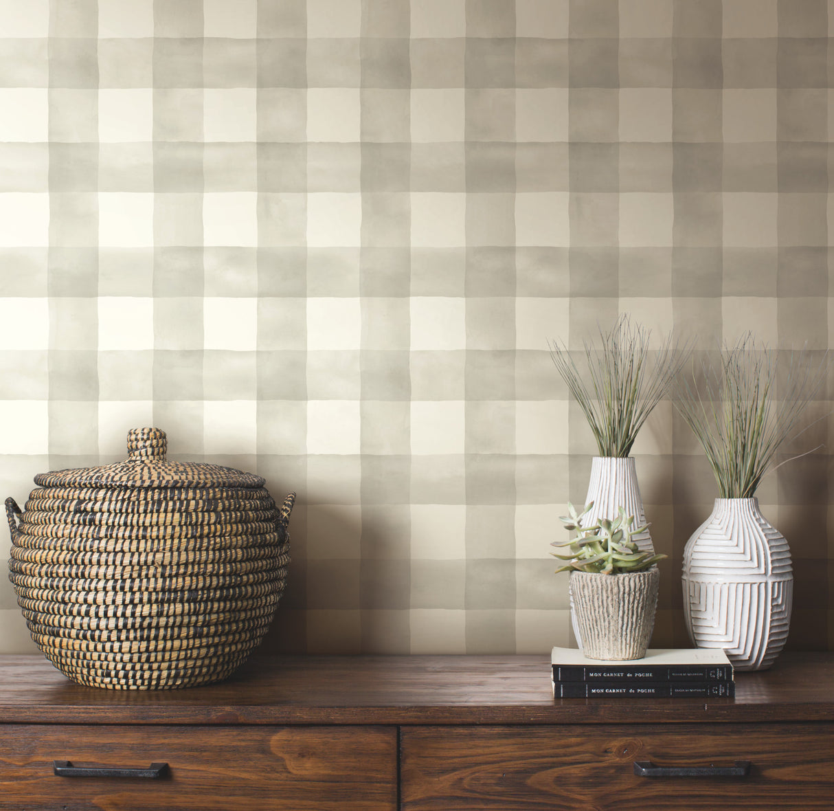 York MH1518 Watercolor Check Grey & White Wallpaper