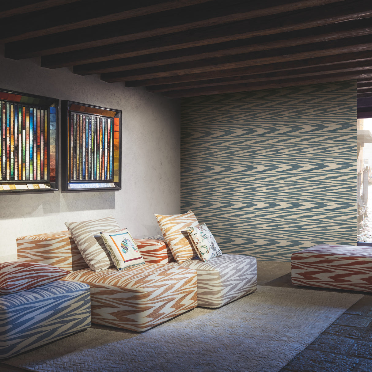 York MI10340 Flamed Zigzag Blue & Cream Wallpaper