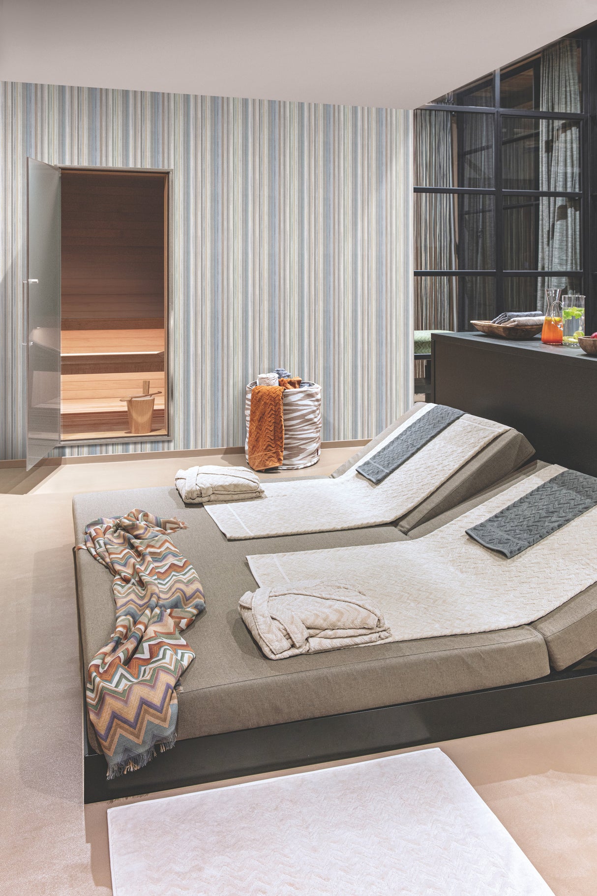 York MI10395 Striped Sunset Glitter Blue & Grey Wallpaper