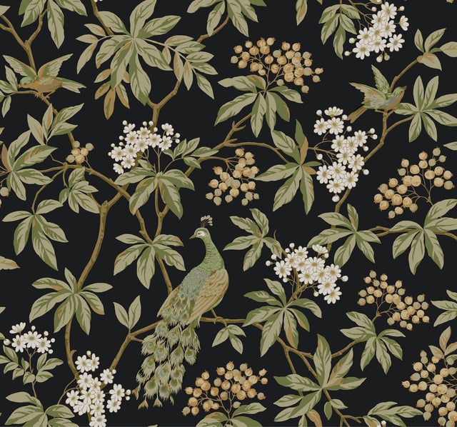 Ronald Redding MX9662 Peacock Estate Black Wallpaper - Eade's Wallpaper