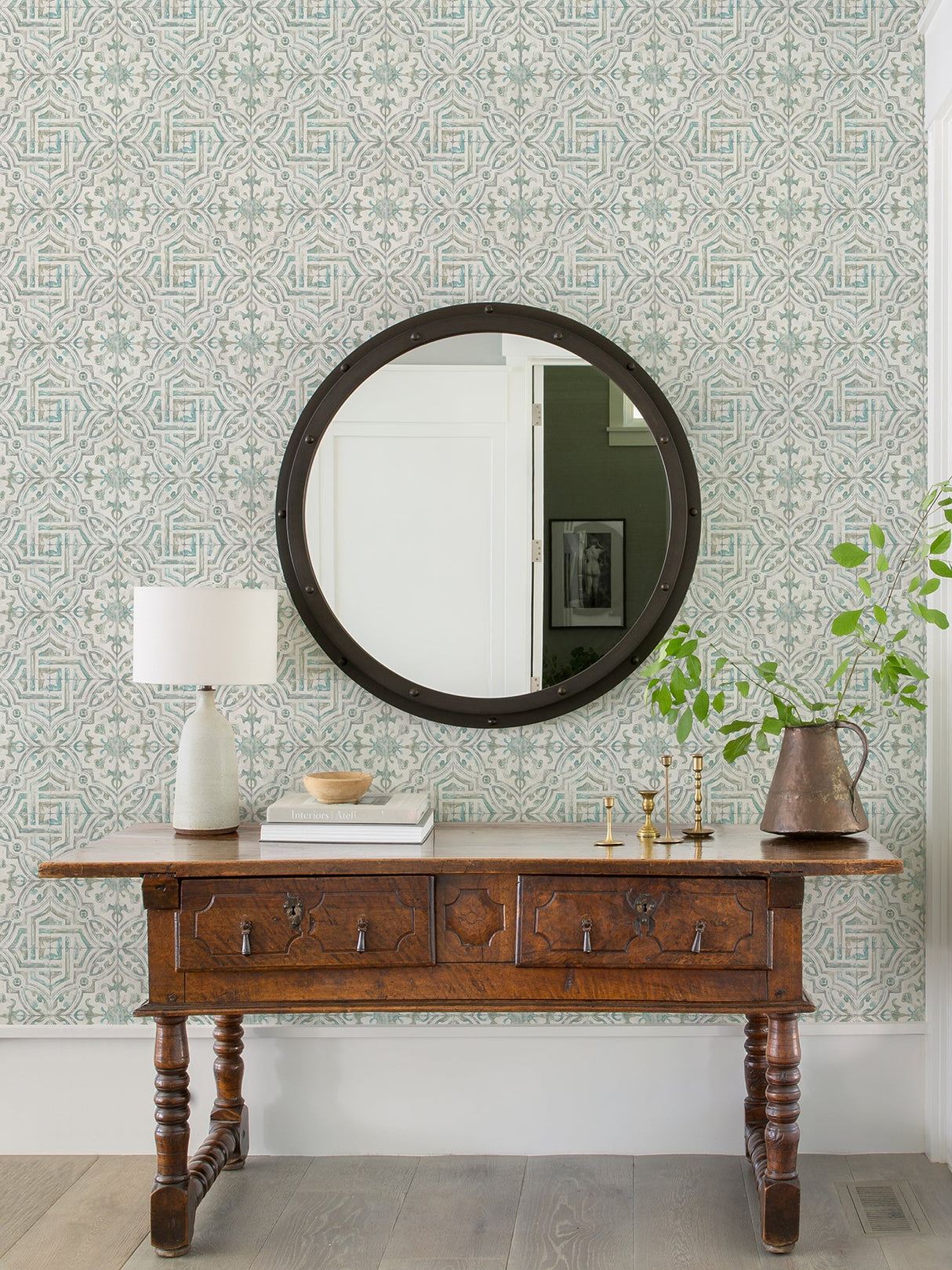 NuWallpaper NUS4395 Teal and Grey Landondale Peel & Stick Wallpaper