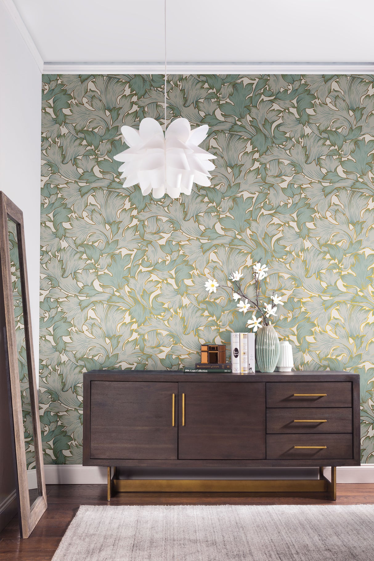 York NV5511 Acanthus Toss Beige & Seafoam Wallpaper