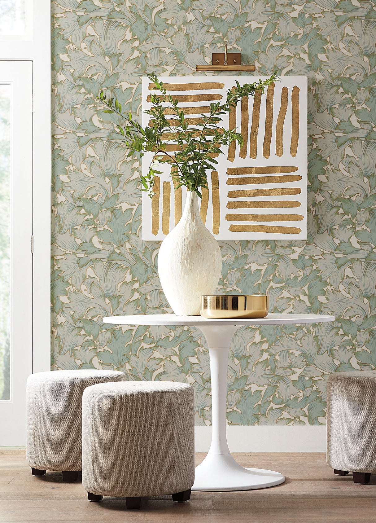 York NV5511 Acanthus Toss Beige & Seafoam Wallpaper