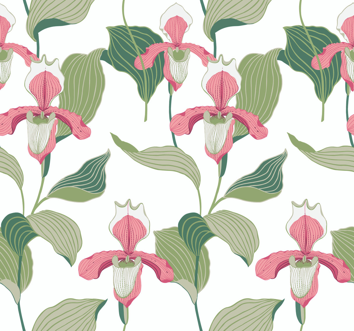 York NV5525 Coral & Green Lady Slipper Wallpaper