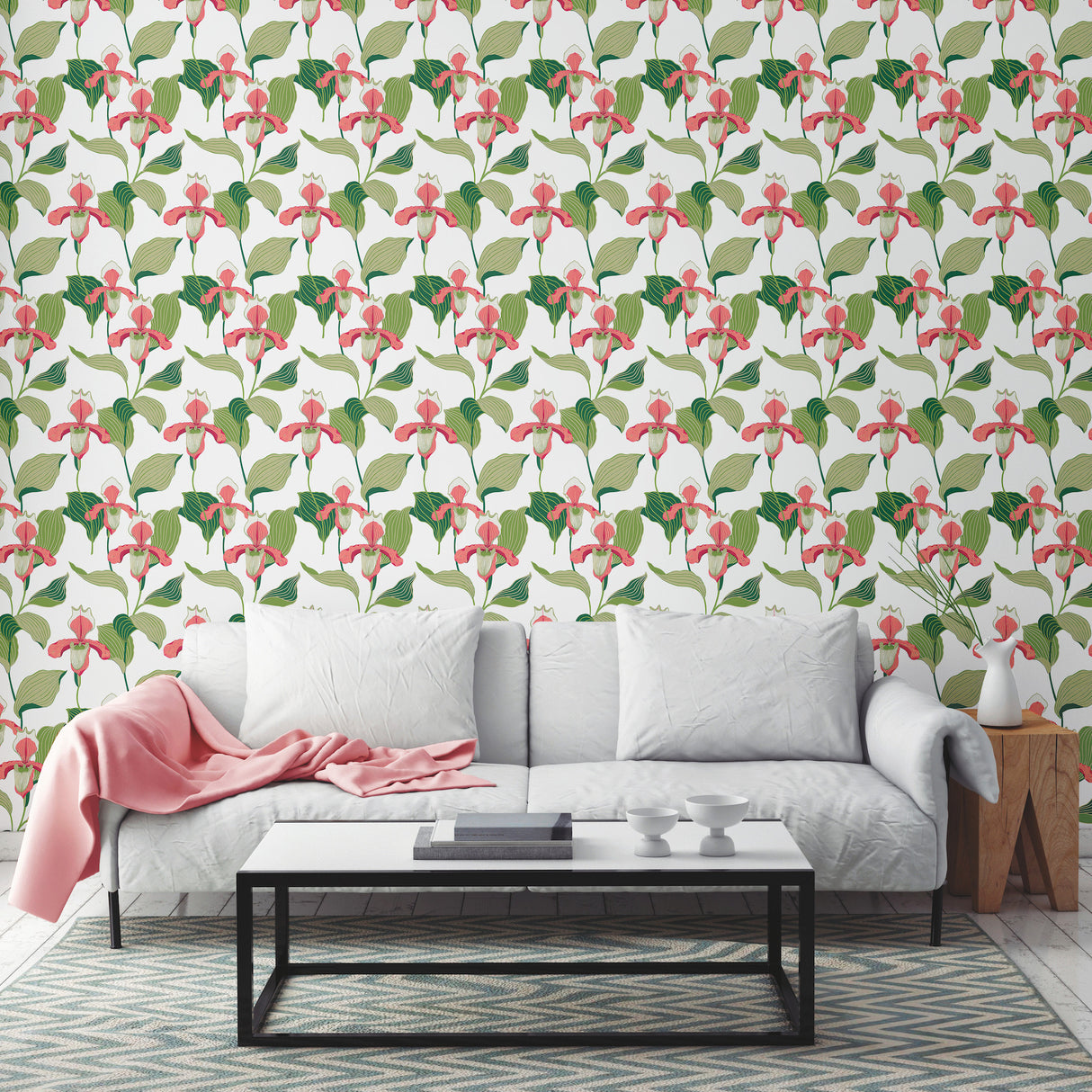 York NV5525 Coral & Green Lady Slipper Wallpaper