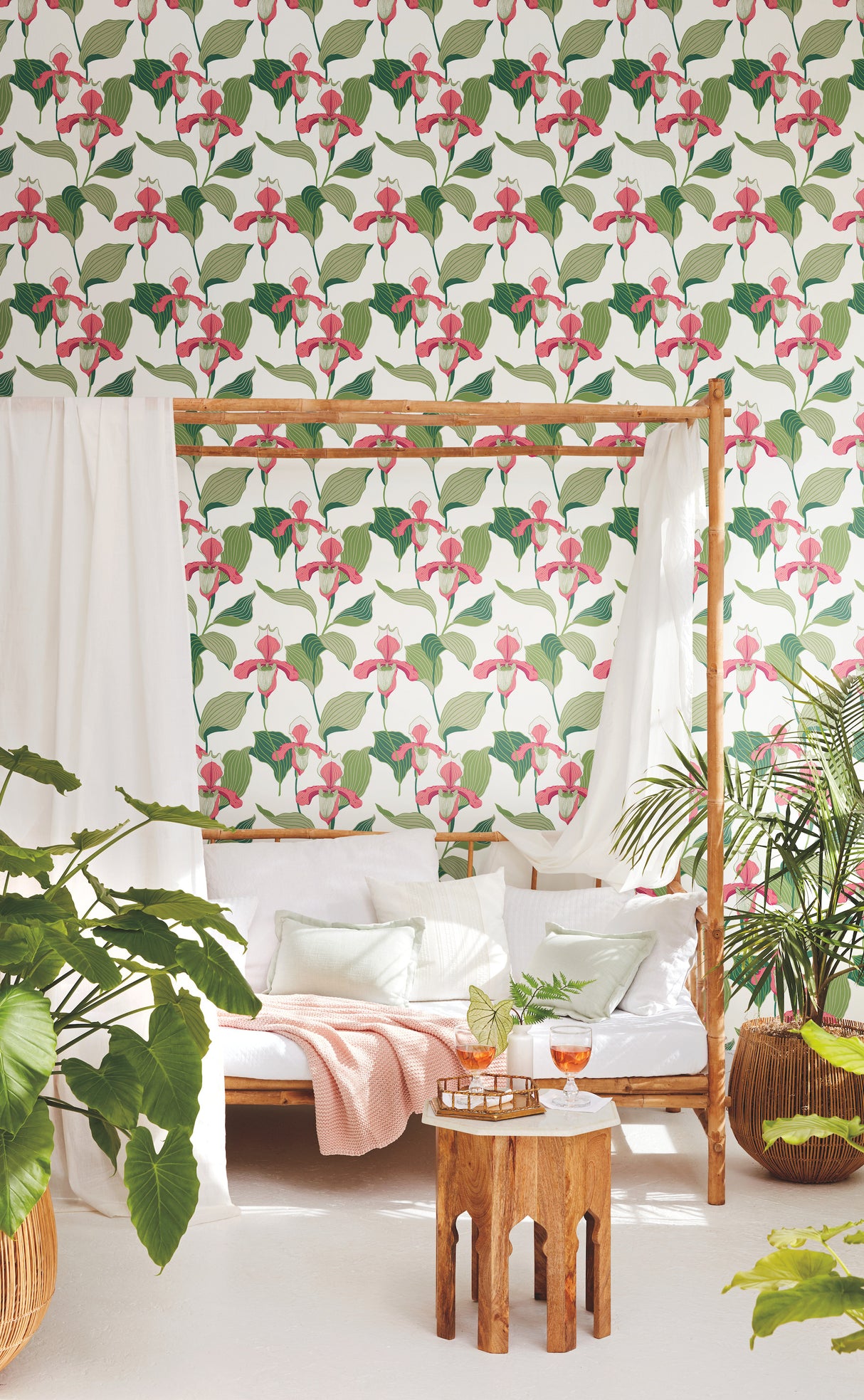 York NV5525 Coral & Green Lady Slipper Wallpaper