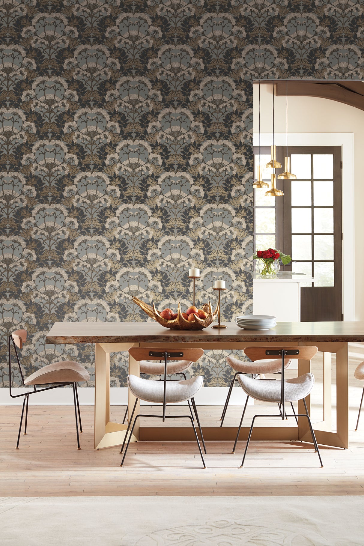 York NV5557 Yarrow Nouveau Charcoal & Gold Wallpaper