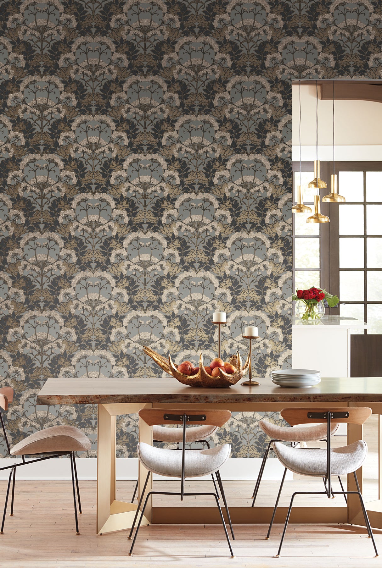 York NV5557 Yarrow Nouveau Charcoal & Gold Wallpaper