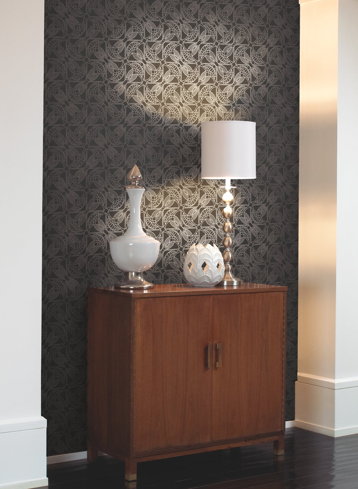 York NW3528 Cartouche Black & Silver Wallpaper