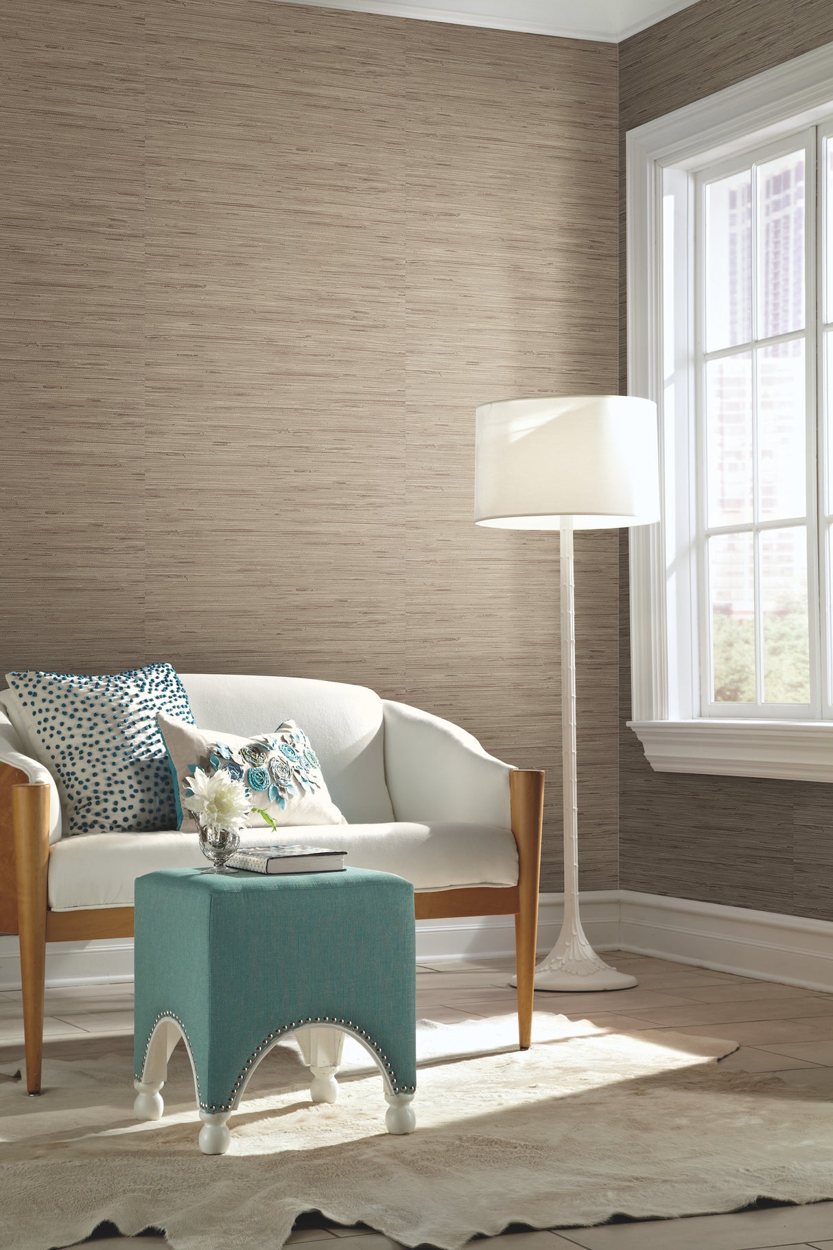 York PA130406LW Lustrous Grasscloth Beige Wallpaper