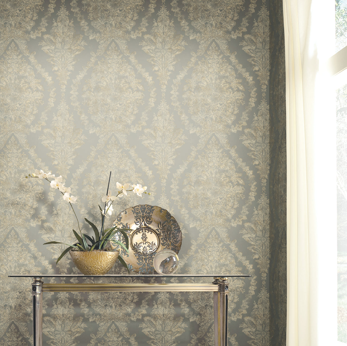 York PM9309 Charleston Damask Silver Wallpaper
