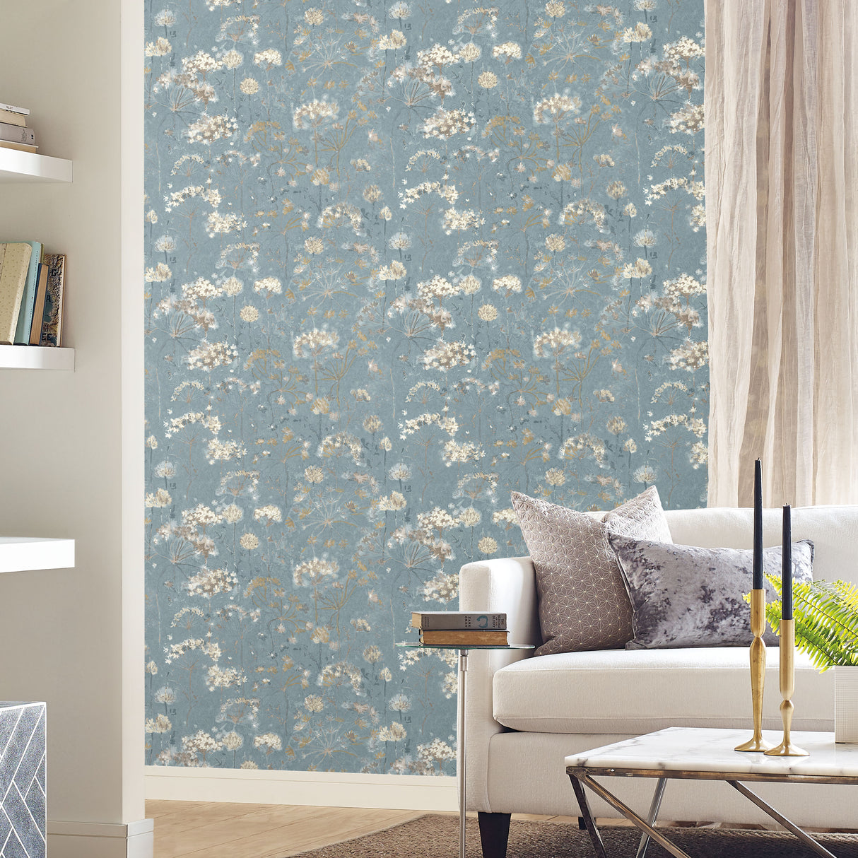 York PSW1106RL Botanical Fantasy Blue & Beige Peel & Stick Wallpaper