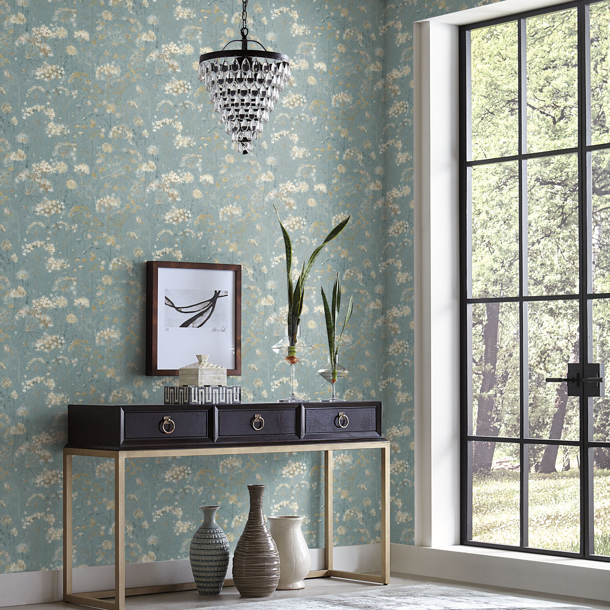 York PSW1106RL Botanical Fantasy Blue & Beige Peel & Stick Wallpaper