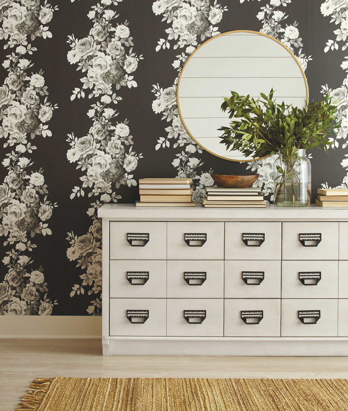 York PSW1156RL Magnolia Home Tea Rose Black & White Peel & Stick Wallpaper