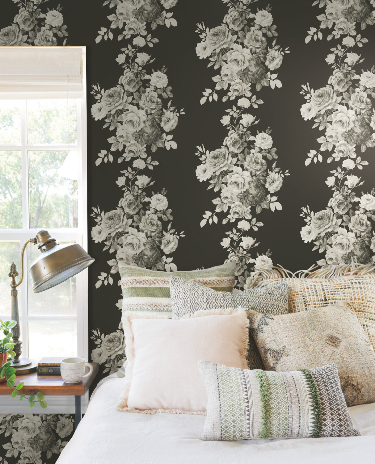 York PSW1156RL Magnolia Home Tea Rose Black & White Peel & Stick Wallpaper