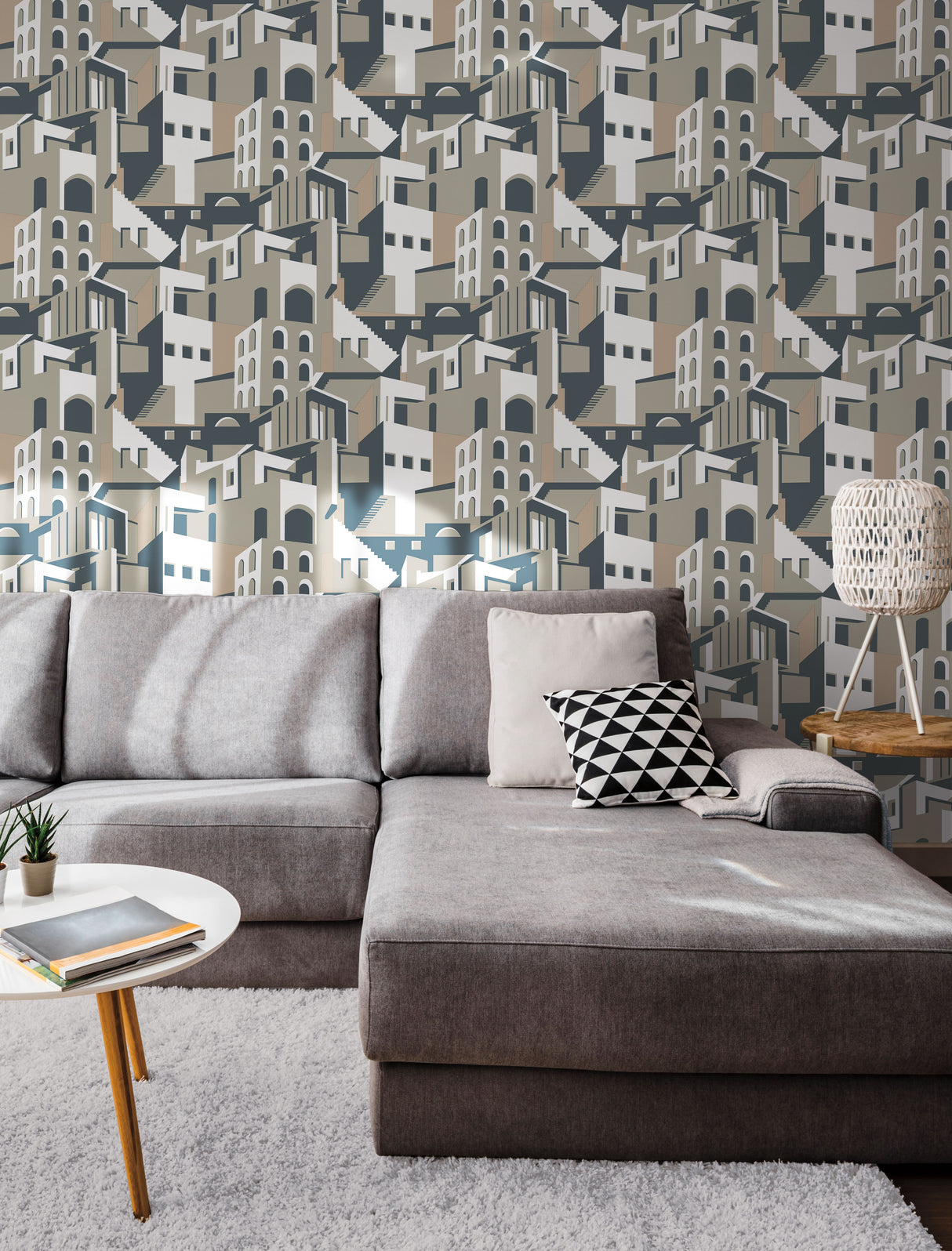 York PSW1248RL Architectural over Architectural Beige & Grey Peel & Stick Wallpaper