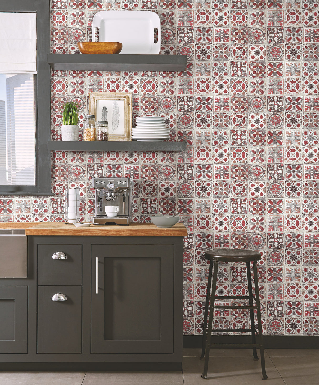 York PSW1300RL Encaustic Tile Red Peel & Stick Wallpaper
